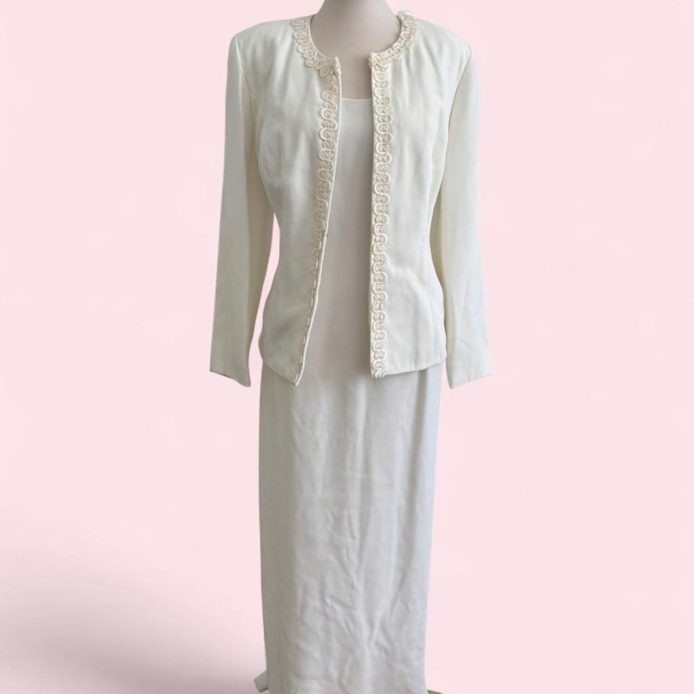 Vintage Cachet Ivory Lace Trim Maxi Dress & Jacket Set — Size 14‎